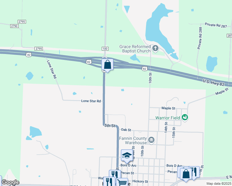 map of restaurants, bars, coffee shops, grocery stores, and more near 1568 Farm to Market Road 100 in Honey Grove
