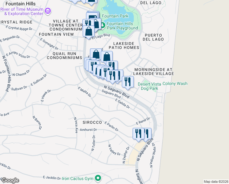map of restaurants, bars, coffee shops, grocery stores, and more near 11832 North Saguaro Boulevard in Fountain Hills