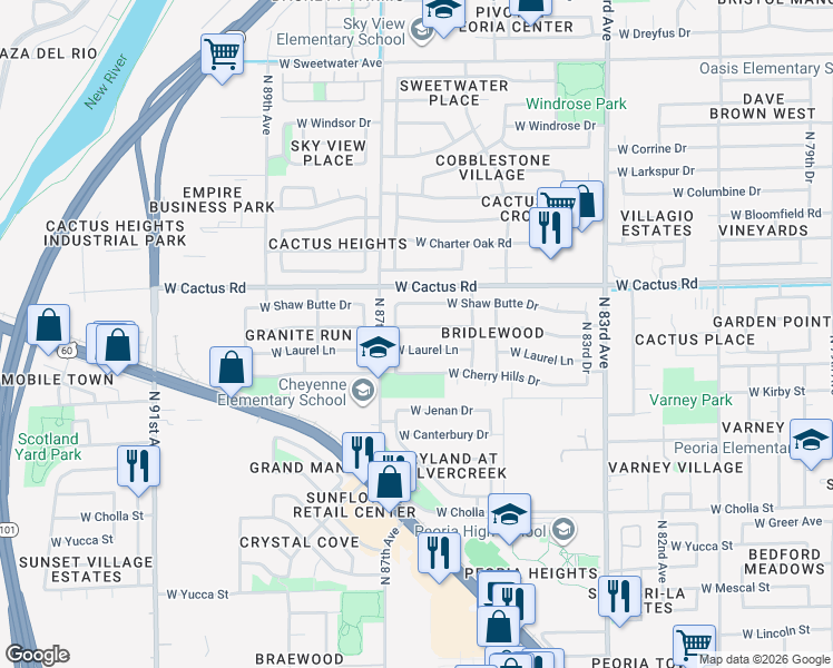 map of restaurants, bars, coffee shops, grocery stores, and more near 8625 West Paradise Drive in Peoria
