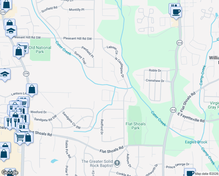 map of restaurants, bars, coffee shops, grocery stores, and more near 2051 Sitser Lane in Atlanta