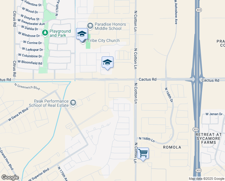 map of restaurants, bars, coffee shops, grocery stores, and more near 17220 West Vacaville Street in Surprise
