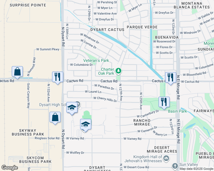 map of restaurants, bars, coffee shops, grocery stores, and more near 12114 North 128th Avenue in El Mirage