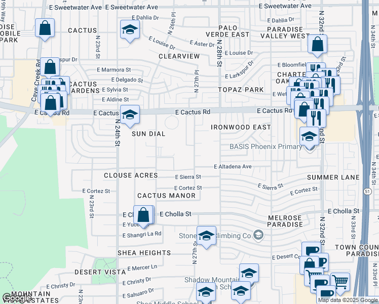 map of restaurants, bars, coffee shops, grocery stores, and more near 11850 North 27th Street in Phoenix
