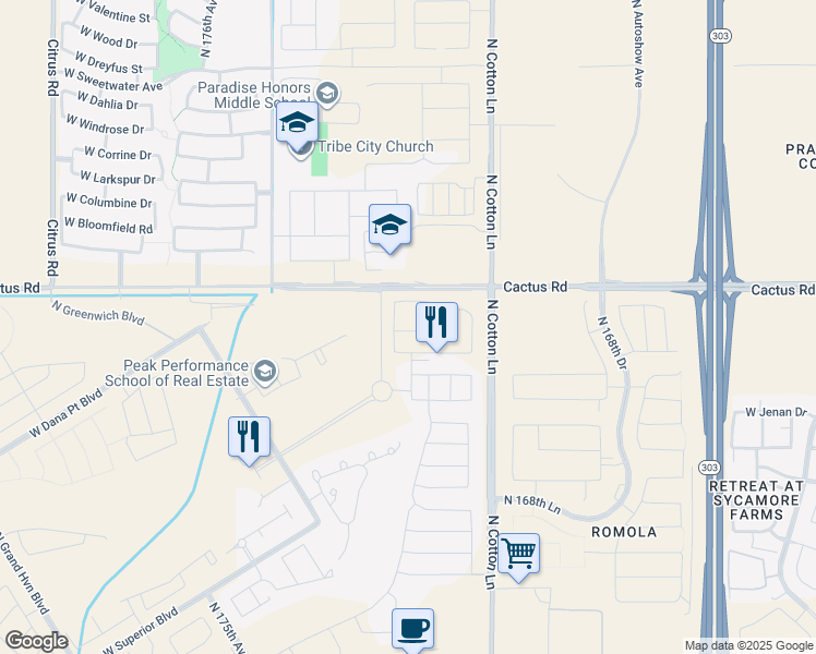 map of restaurants, bars, coffee shops, grocery stores, and more near 17220 West Vacaville Street in Surprise