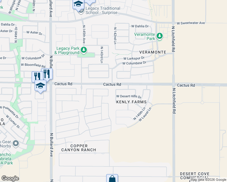 map of restaurants, bars, coffee shops, grocery stores, and more near 12135 North 143rd Avenue in Surprise