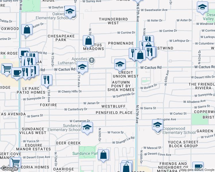 map of restaurants, bars, coffee shops, grocery stores, and more near 11931 North 69th Avenue in Peoria