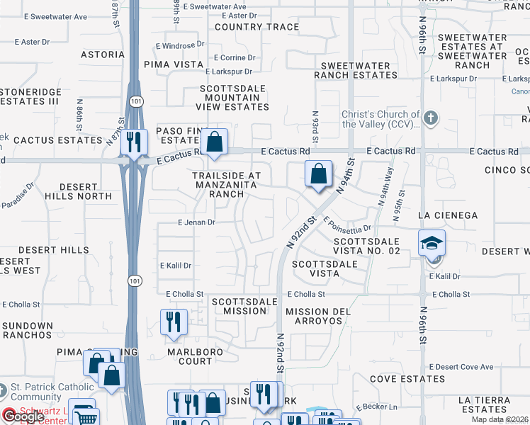 map of restaurants, bars, coffee shops, grocery stores, and more near 9148 East Jenan Drive in Scottsdale