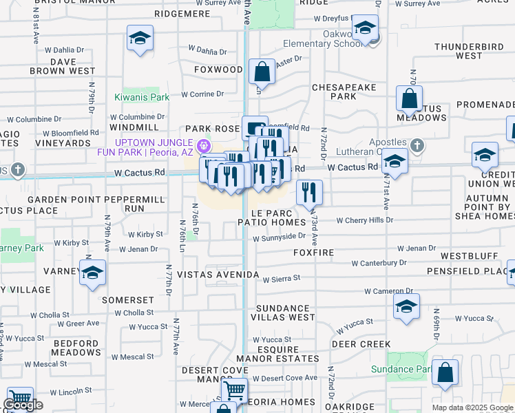 map of restaurants, bars, coffee shops, grocery stores, and more near 7438 West Paradise Drive in Peoria