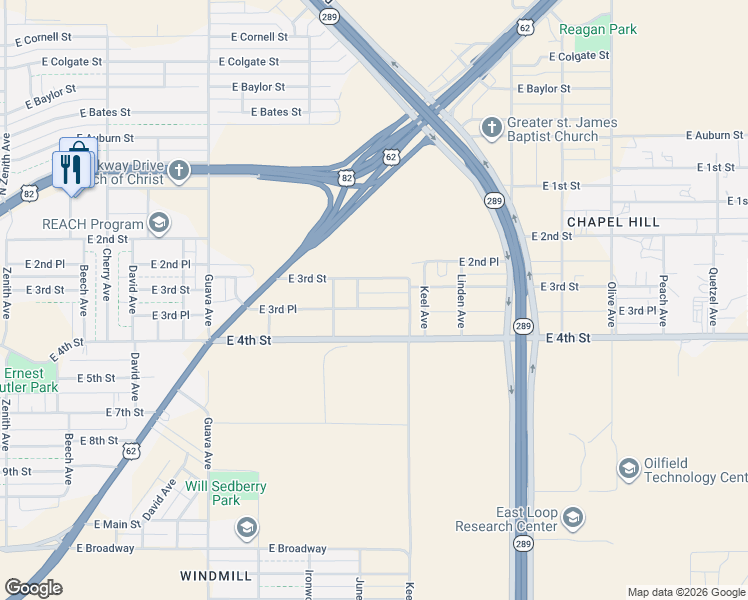 map of restaurants, bars, coffee shops, grocery stores, and more near 3605 East 3rd Place in Lubbock