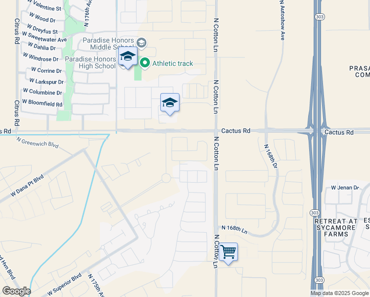 map of restaurants, bars, coffee shops, grocery stores, and more near 17220 West Vacaville Street in Surprise