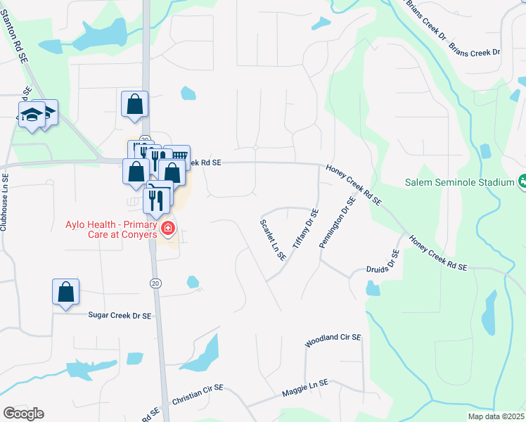 map of restaurants, bars, coffee shops, grocery stores, and more near 2416 Scarlet Lane Southeast in Conyers