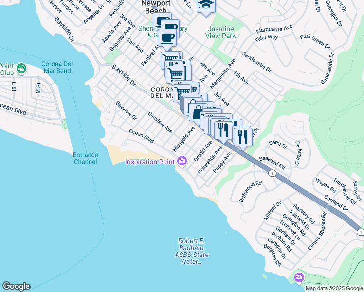map of restaurants, bars, coffee shops, grocery stores, and more near 218 Marigold Avenue in Newport Beach