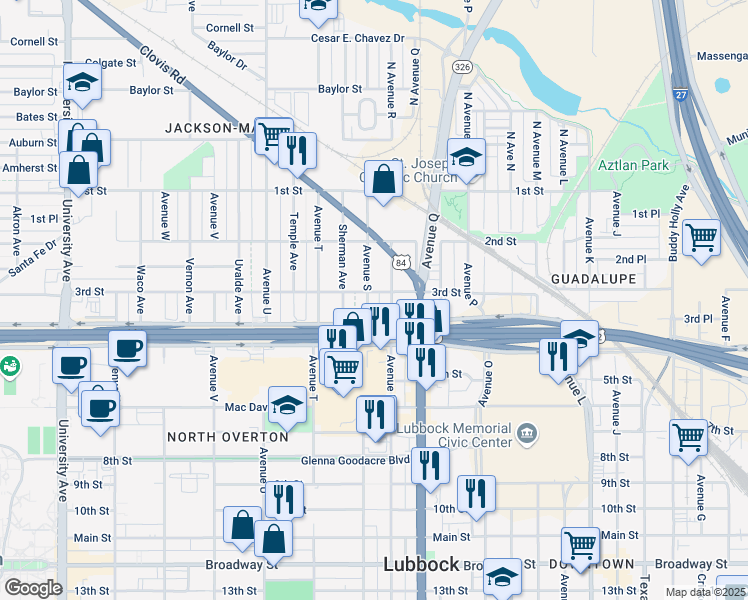 map of restaurants, bars, coffee shops, grocery stores, and more near 303 Avenue S in Lubbock