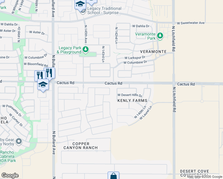 map of restaurants, bars, coffee shops, grocery stores, and more near 12135 North 143rd Avenue in Surprise