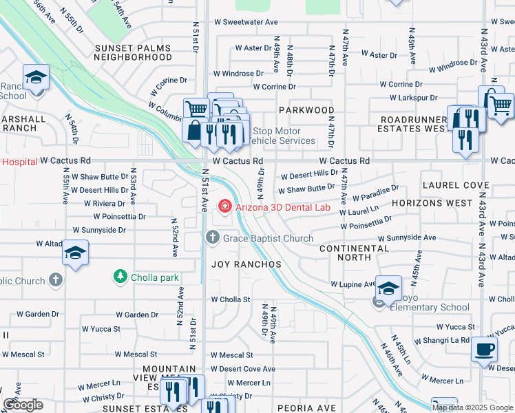 map of restaurants, bars, coffee shops, grocery stores, and more near 11816 North 49th Drive in Glendale