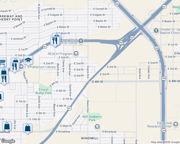 map of restaurants, bars, coffee shops, grocery stores, and more near 313 Guava Avenue in Lubbock