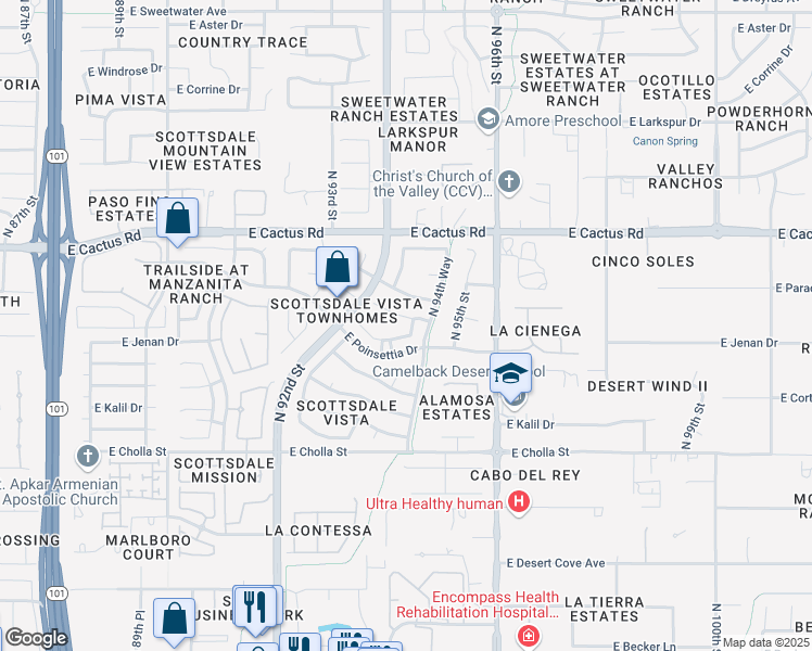 map of restaurants, bars, coffee shops, grocery stores, and more near 9463 East Riviera Drive in Scottsdale