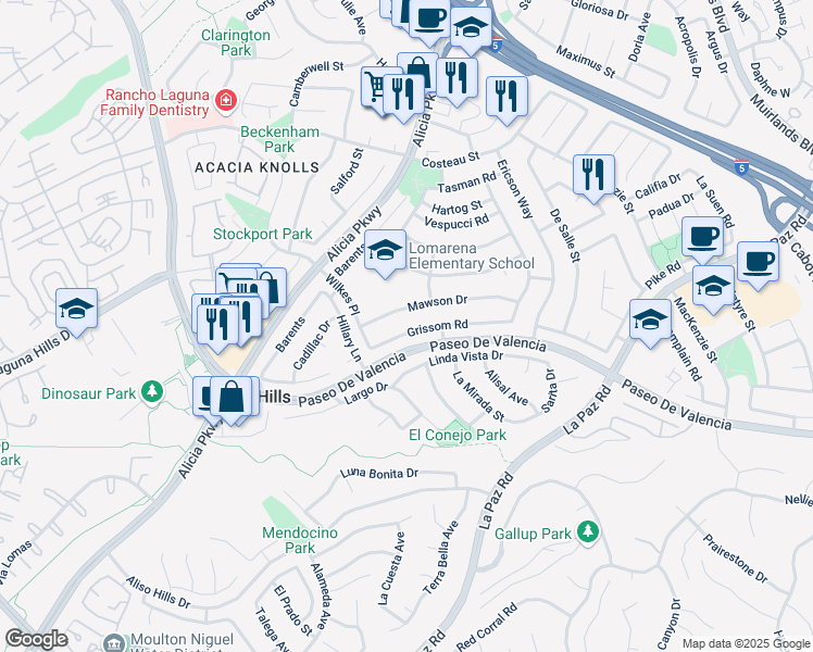 map of restaurants, bars, coffee shops, grocery stores, and more near 25111 Grissom Road in Laguna Hills