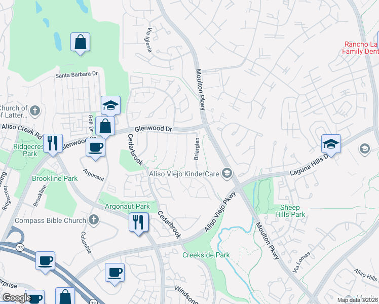 map of restaurants, bars, coffee shops, grocery stores, and more near 18 Spicewood in Aliso Viejo