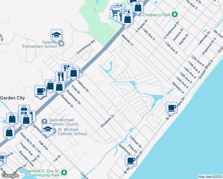 map of restaurants, bars, coffee shops, grocery stores, and more near 1528 Bass Lane in Murrells Inlet