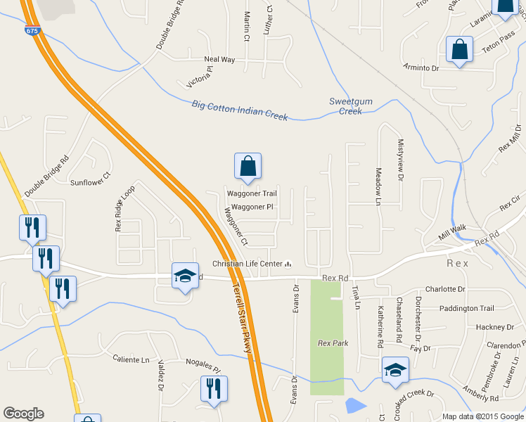 map of restaurants, bars, coffee shops, grocery stores, and more near 3363 Waggoner Place in Rex