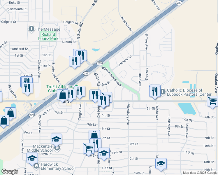 map of restaurants, bars, coffee shops, grocery stores, and more near 306 York Avenue in Lubbock