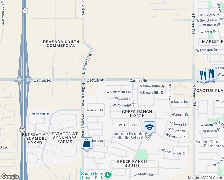 map of restaurants, bars, coffee shops, grocery stores, and more near 16086 West Desert Hills Drive in Surprise