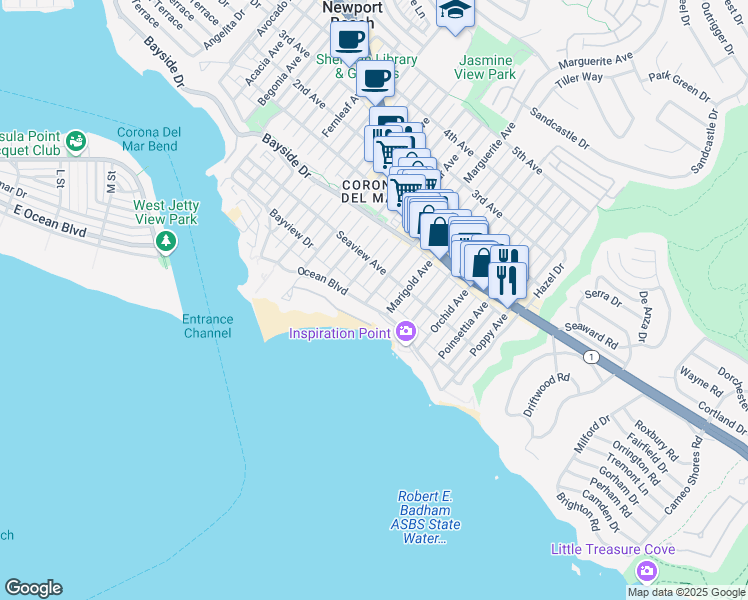 map of restaurants, bars, coffee shops, grocery stores, and more near 3300 Ocean Boulevard in Newport Beach