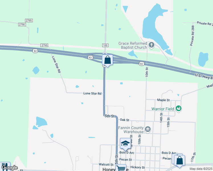 map of restaurants, bars, coffee shops, grocery stores, and more near 1568 Farm to Market Road 100 in Honey Grove
