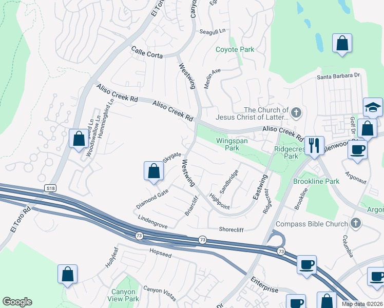 map of restaurants, bars, coffee shops, grocery stores, and more near 4 Tanglewood in Aliso Viejo