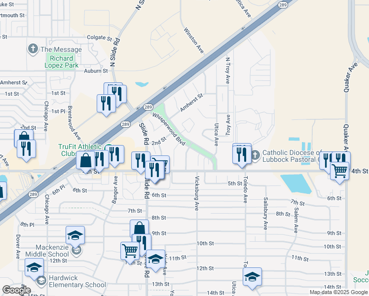 map of restaurants, bars, coffee shops, grocery stores, and more near 302 Wayne Avenue in Lubbock
