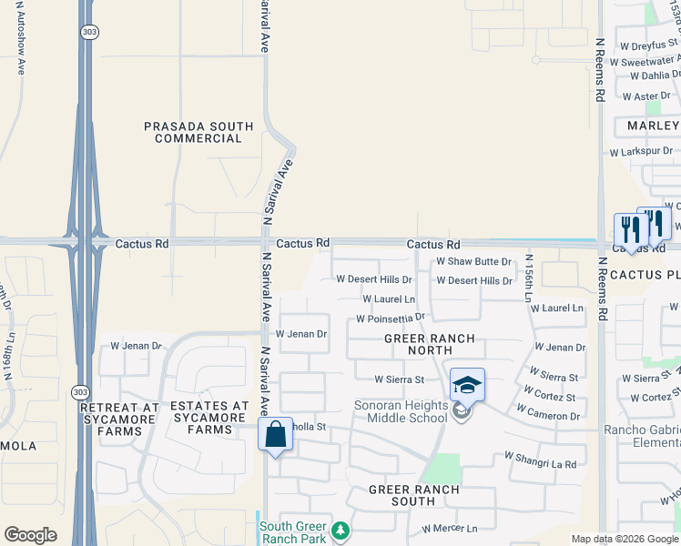 map of restaurants, bars, coffee shops, grocery stores, and more near 16086 West Desert Hills Drive in Surprise