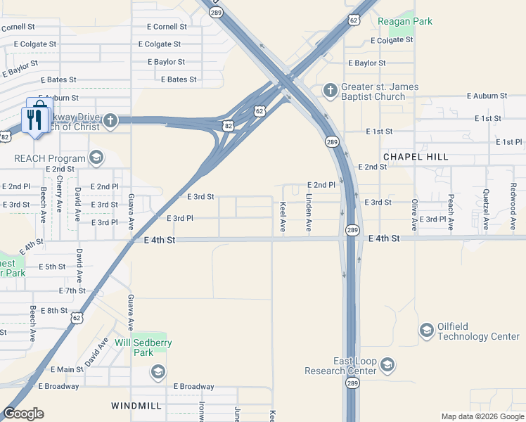 map of restaurants, bars, coffee shops, grocery stores, and more near 3621 East 3rd Place in Lubbock
