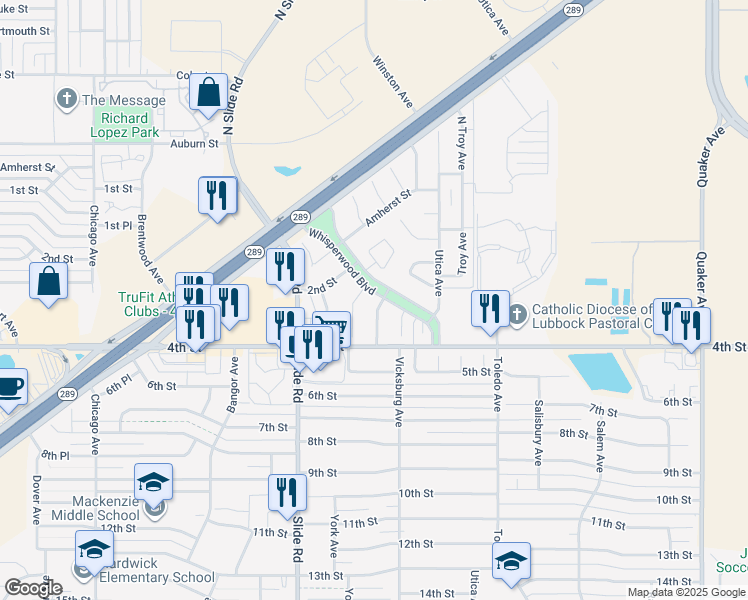 map of restaurants, bars, coffee shops, grocery stores, and more near 302 Wayne Avenue in Lubbock