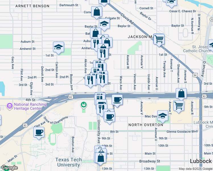 map of restaurants, bars, coffee shops, grocery stores, and more near 2413 3rd Street in Lubbock