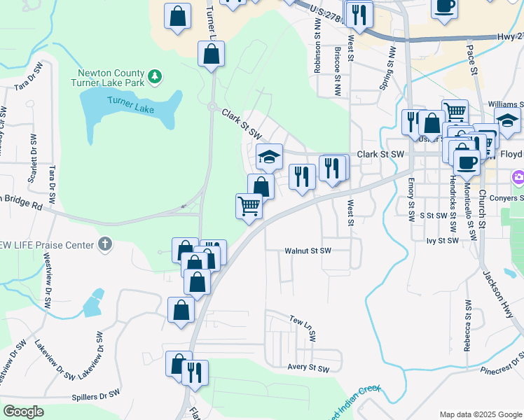 map of restaurants, bars, coffee shops, grocery stores, and more near 5120 Old Brown Bridge Road Southwest in Covington