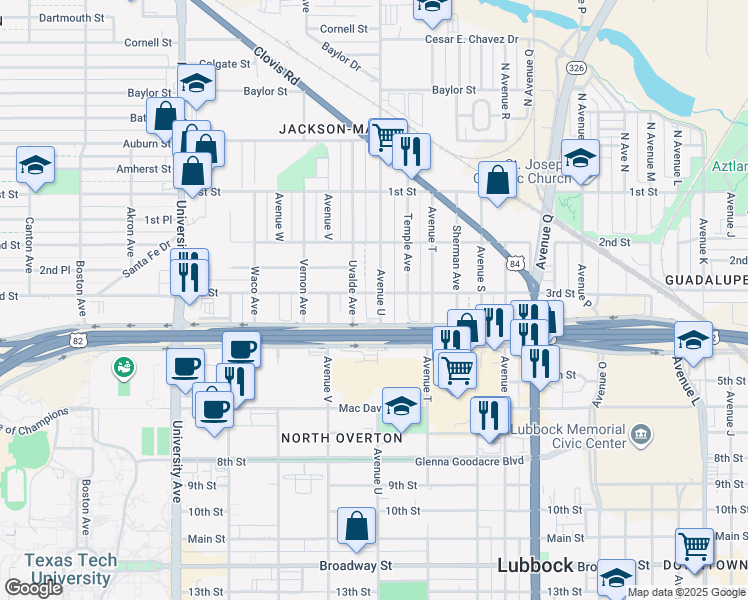 map of restaurants, bars, coffee shops, grocery stores, and more near 304 Avenue U in Lubbock