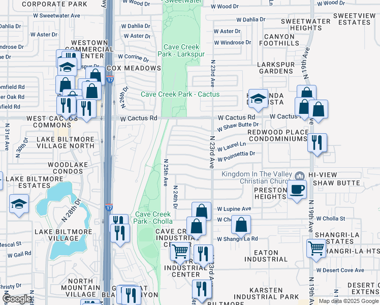 map of restaurants, bars, coffee shops, grocery stores, and more near 2348 West Poinsettia Drive in Phoenix
