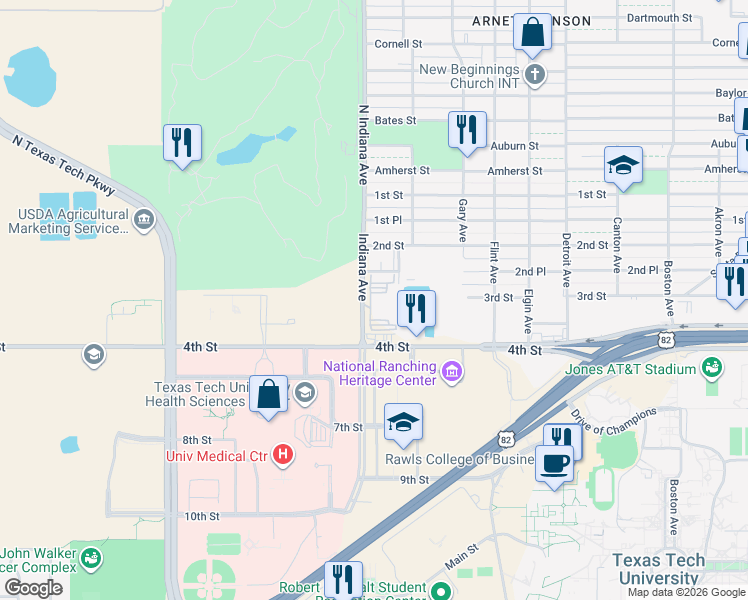 map of restaurants, bars, coffee shops, grocery stores, and more near 223 Indiana Avenue in Lubbock