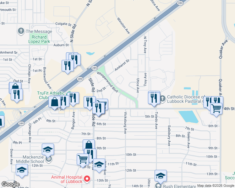 map of restaurants, bars, coffee shops, grocery stores, and more near 302 Wayne Avenue in Lubbock