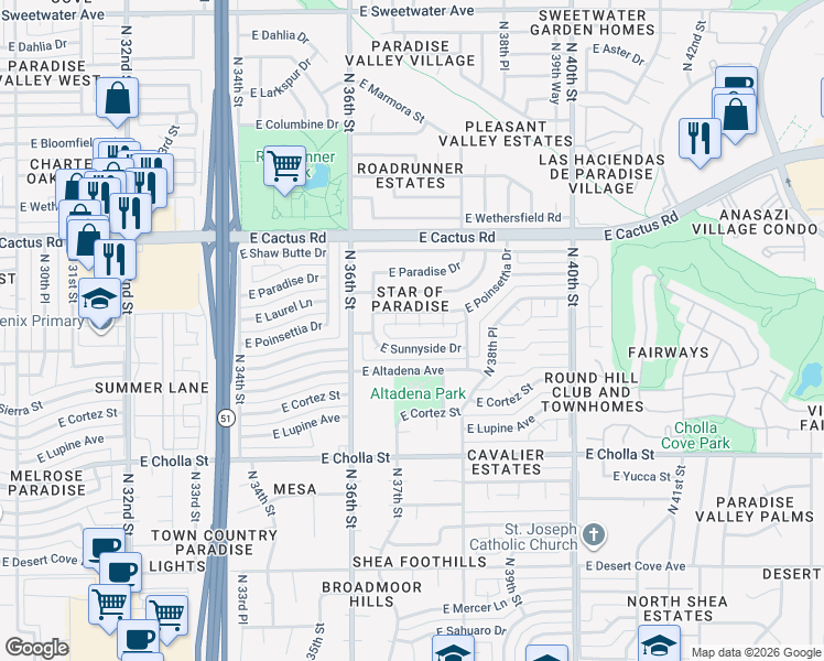 map of restaurants, bars, coffee shops, grocery stores, and more near 11804 North 37th Way in Phoenix