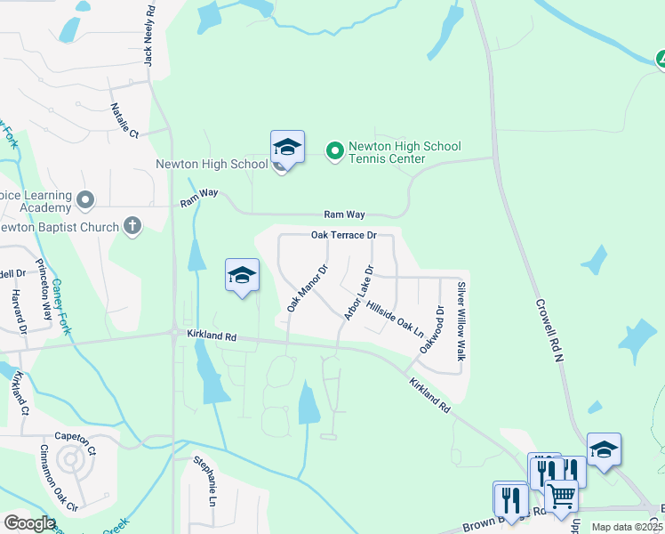 map of restaurants, bars, coffee shops, grocery stores, and more near 160 Oak Manor Drive in Covington