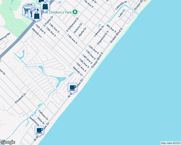 map of restaurants, bars, coffee shops, grocery stores, and more near 1515 Ocean Boulevard South in Surfside Beach