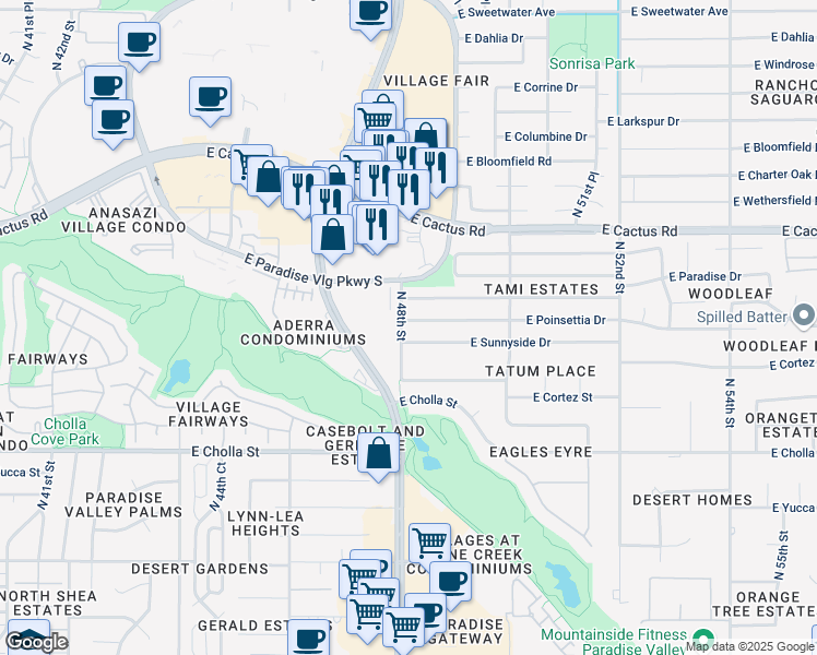 map of restaurants, bars, coffee shops, grocery stores, and more near 4801 East Poinsettia Drive in Scottsdale