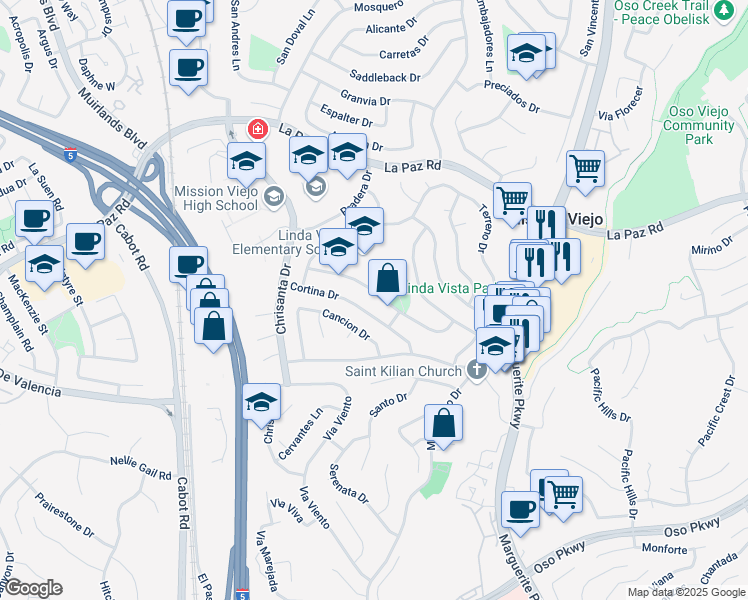 map of restaurants, bars, coffee shops, grocery stores, and more near 26592 Pepita Drive in Mission Viejo