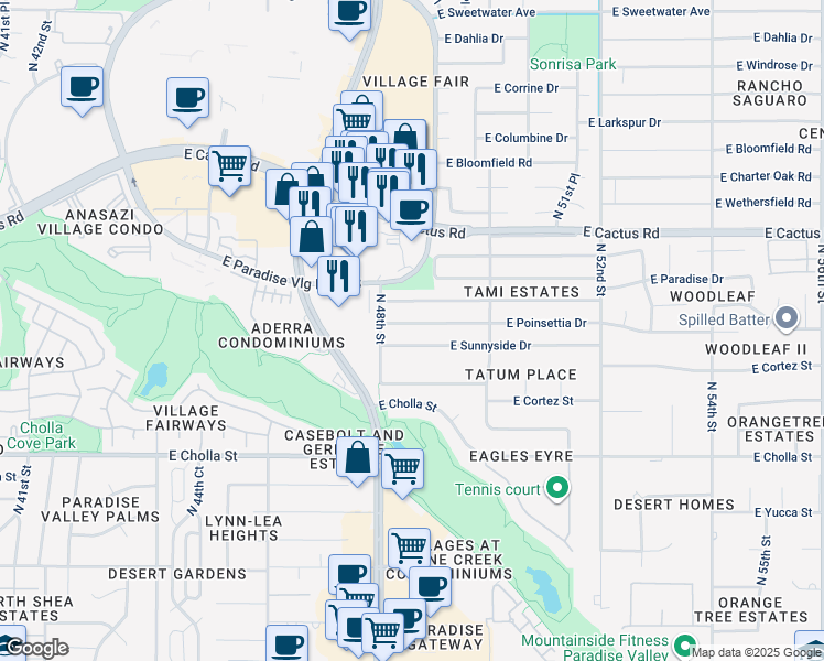 map of restaurants, bars, coffee shops, grocery stores, and more near 4829 East Poinsettia Drive in Scottsdale