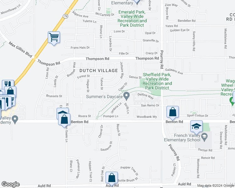 map of restaurants, bars, coffee shops, grocery stores, and more near 36300 Capri Drive in Winchester