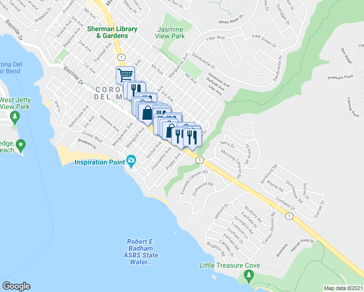 map of restaurants, bars, coffee shops, grocery stores, and more near 3734 1/2 East Coast Highway in Newport Beach