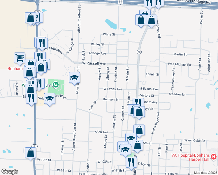 map of restaurants, bars, coffee shops, grocery stores, and more near 320 West Evans Avenue in Bonham