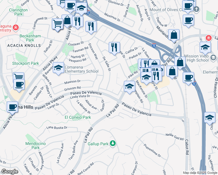 map of restaurants, bars, coffee shops, grocery stores, and more near 25352 De Salle Street in Laguna Hills